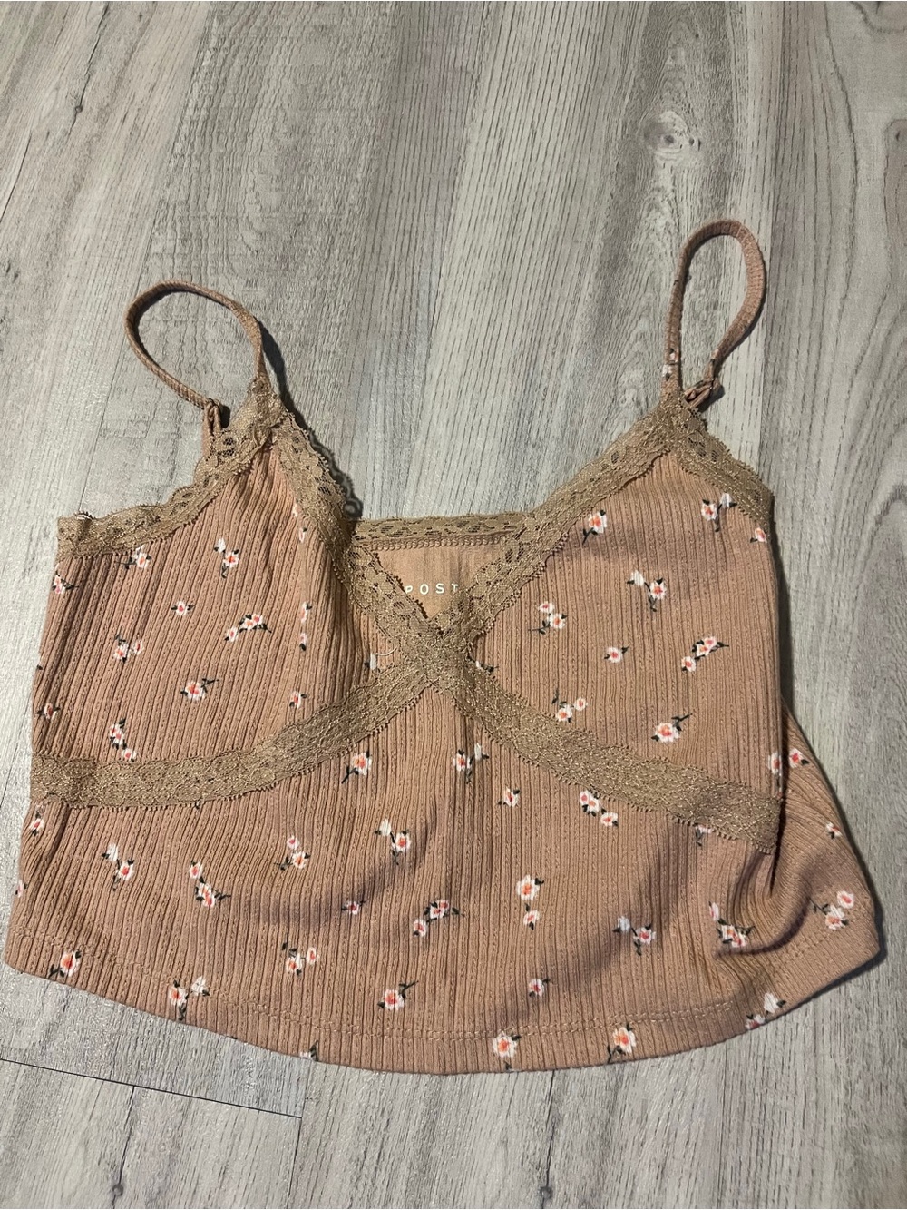 Aeropostale Lace-Trim Floral Ribbed Cami - Tan